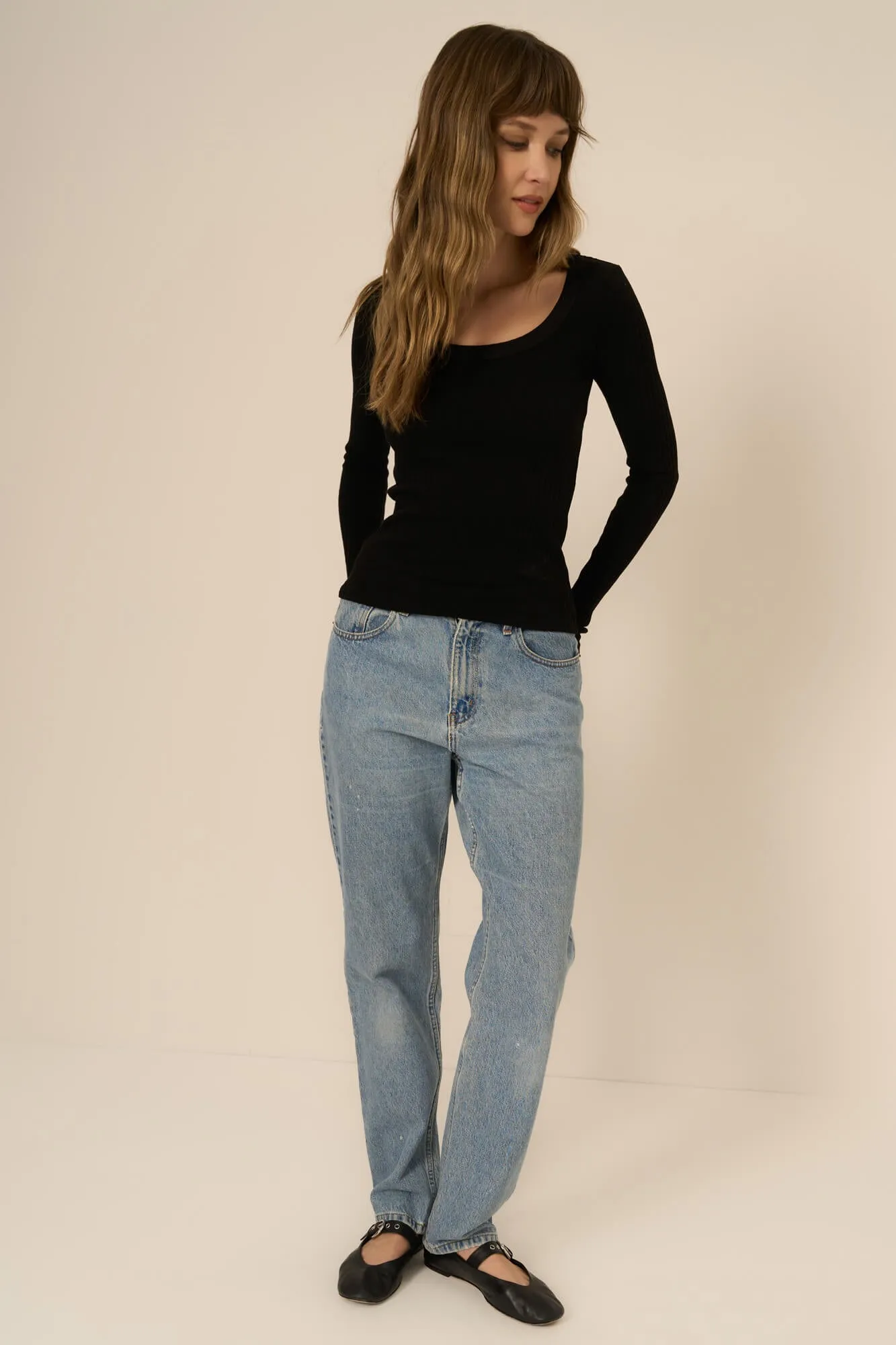 What's The Scoop Washed Rib Long Sleeve - Black