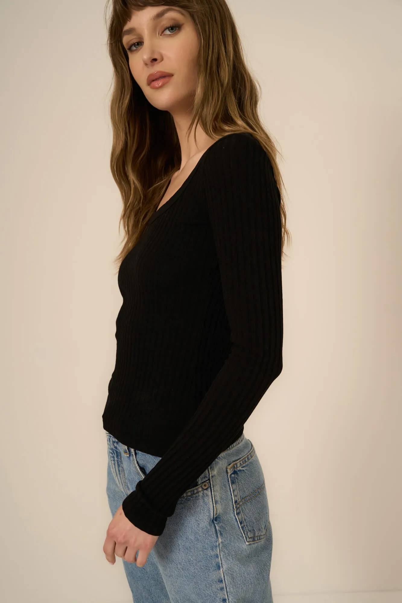 What's The Scoop Washed Rib Long Sleeve - Black