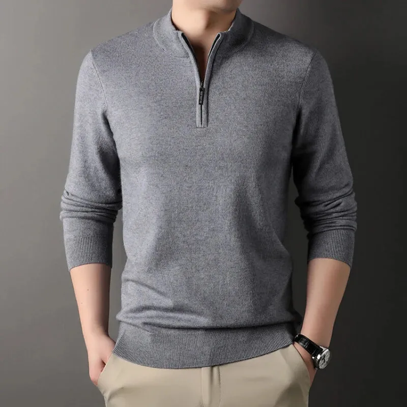 Wiaofellas  -  High-quality Men's Half-high Collar Zip-up Sweater, Solid Color Business Casual Stretchable Casual Warm Pullover.M-4XL