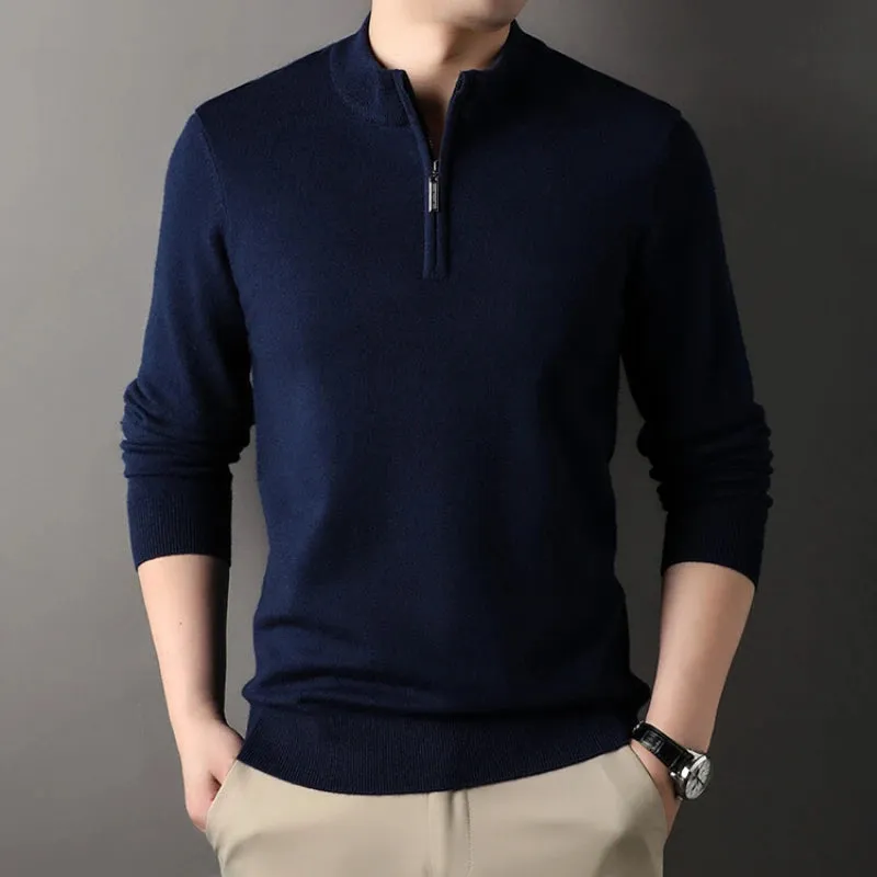 Wiaofellas  -  High-quality Men's Half-high Collar Zip-up Sweater, Solid Color Business Casual Stretchable Casual Warm Pullover.M-4XL