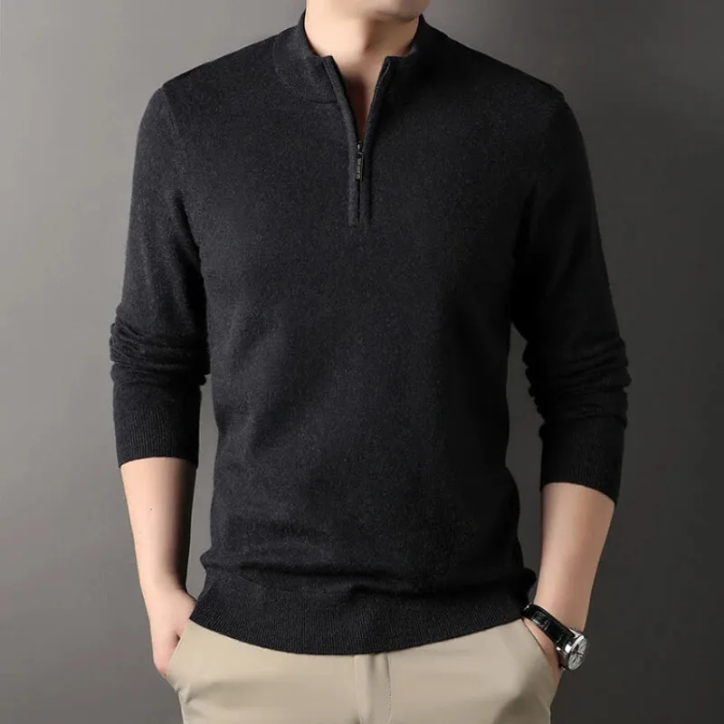 Wiaofellas  -  High-quality Men's Half-high Collar Zip-up Sweater, Solid Color Business Casual Stretchable Casual Warm Pullover.M-4XL