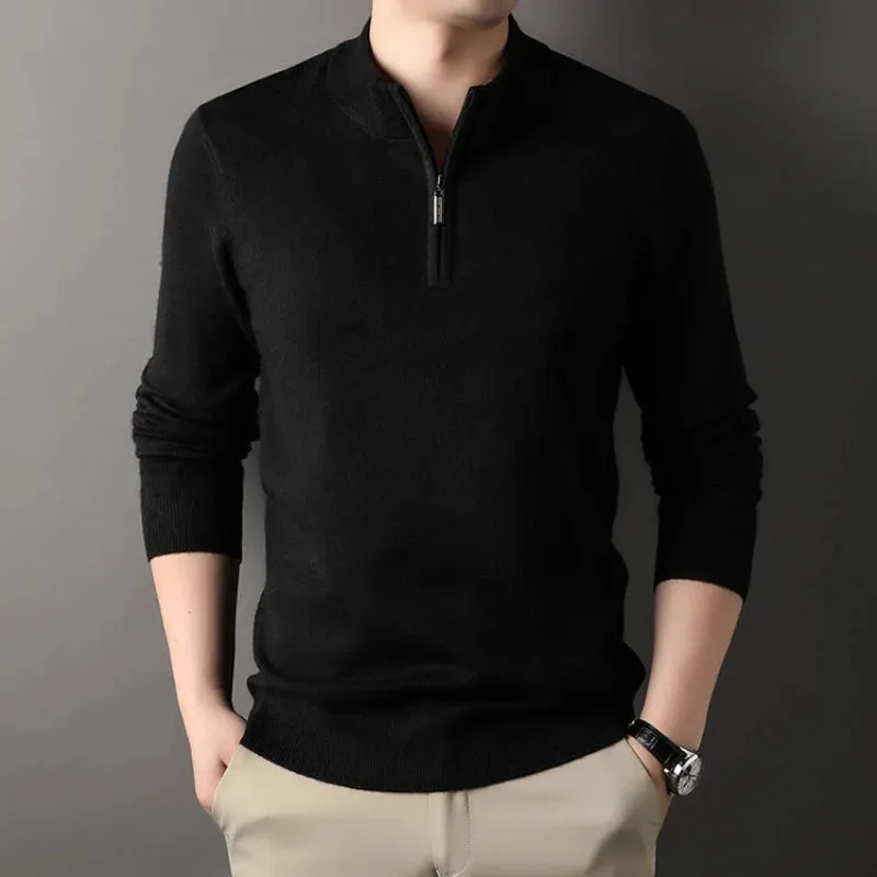 Wiaofellas  -  High-quality Men's Half-high Collar Zip-up Sweater, Solid Color Business Casual Stretchable Casual Warm Pullover.M-4XL