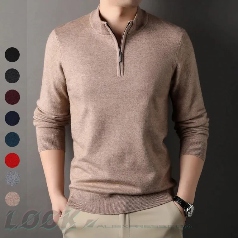 Wiaofellas  -  High-quality Men's Half-high Collar Zip-up Sweater, Solid Color Business Casual Stretchable Casual Warm Pullover.M-4XL