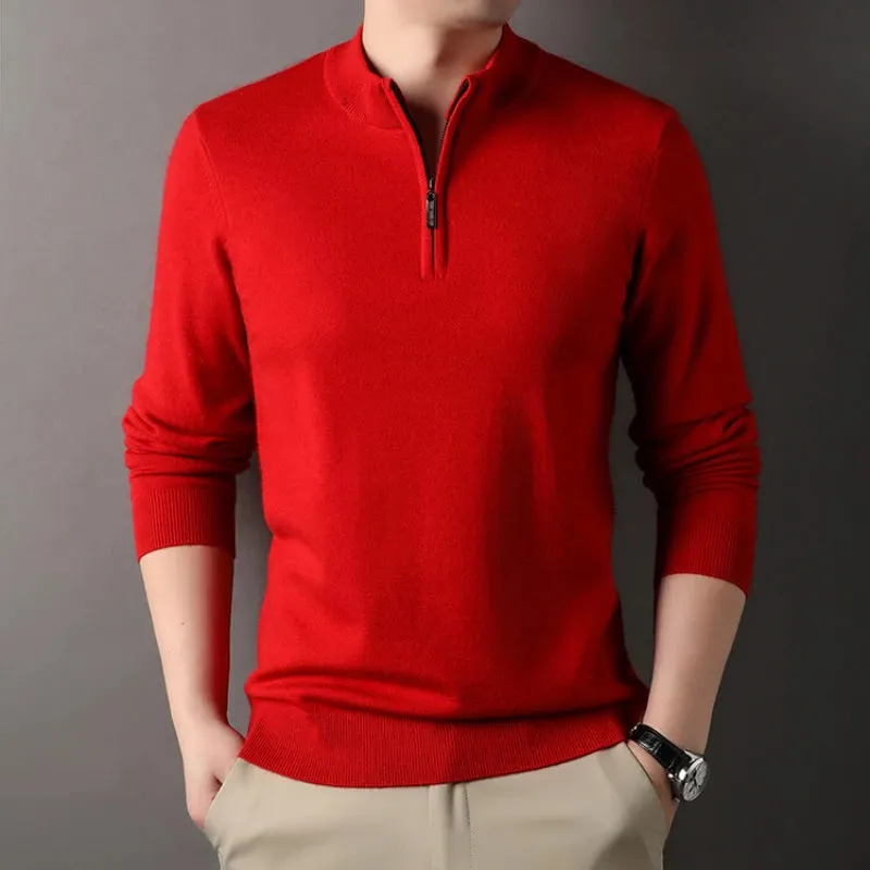 Wiaofellas  -  High-quality Men's Half-high Collar Zip-up Sweater, Solid Color Business Casual Stretchable Casual Warm Pullover.M-4XL