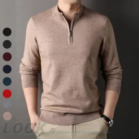 Wiaofellas  -  High-quality Men's Half-high Collar Zip-up Sweater, Solid Color Business Casual Stretchable Casual Warm Pullover.M-4XL