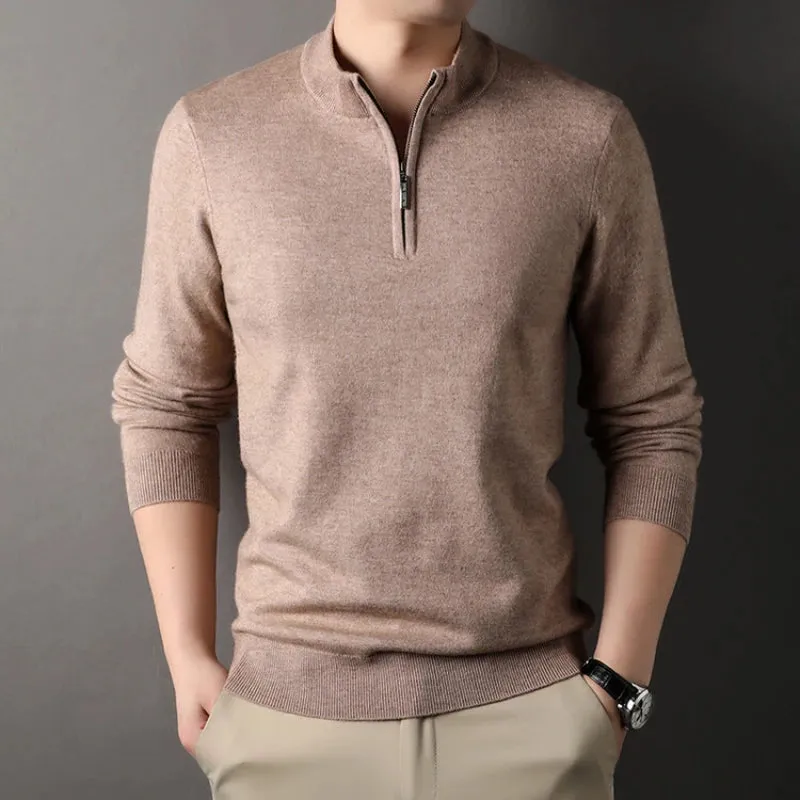 Wiaofellas  -  High-quality Men's Half-high Collar Zip-up Sweater, Solid Color Business Casual Stretchable Casual Warm Pullover.M-4XL