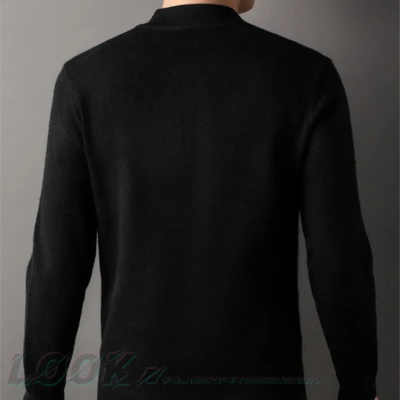 Wiaofellas  -  High-quality Men's Half-high Collar Zip-up Sweater, Solid Color Business Casual Stretchable Casual Warm Pullover.M-4XL