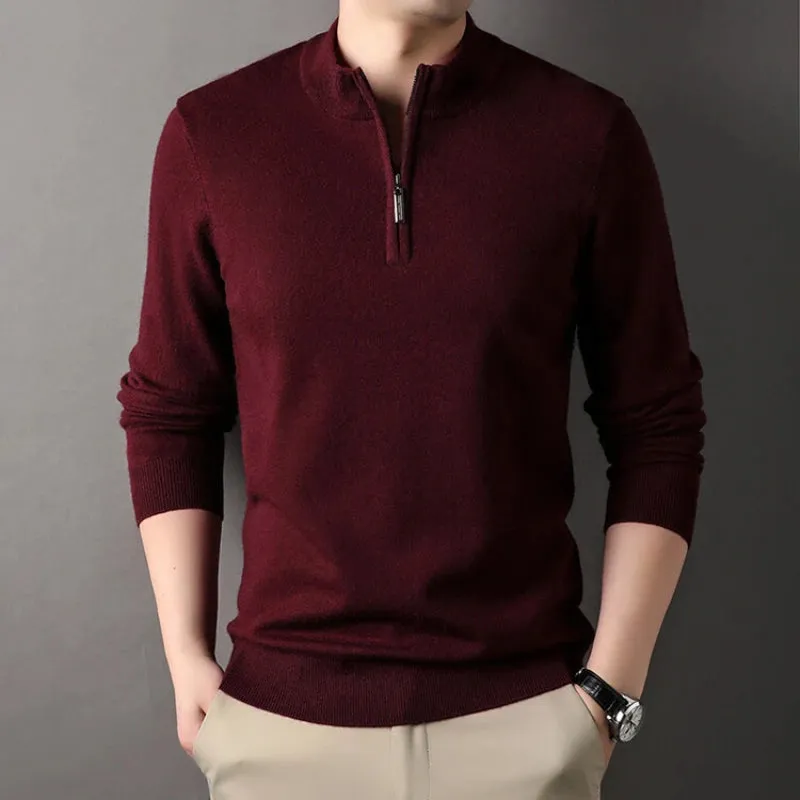 Wiaofellas  -  High-quality Men's Half-high Collar Zip-up Sweater, Solid Color Business Casual Stretchable Casual Warm Pullover.M-4XL