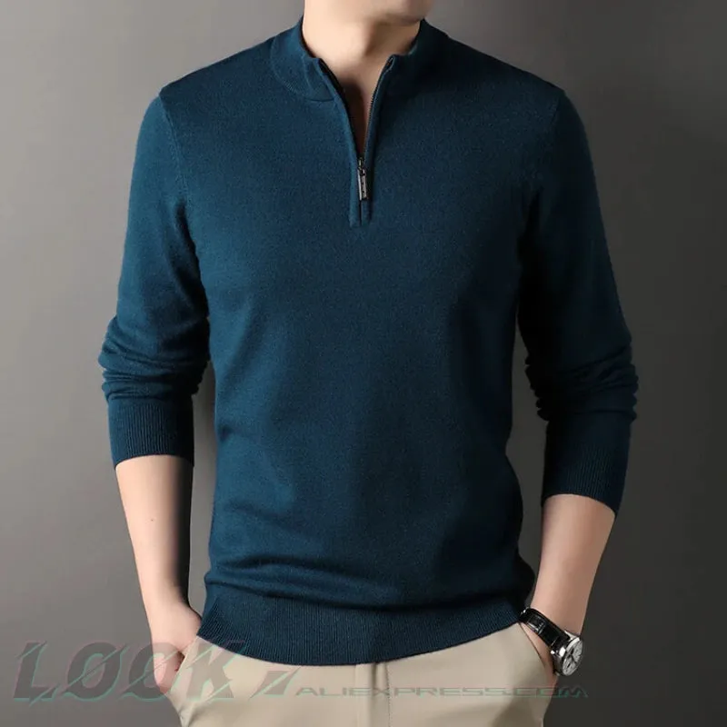 Wiaofellas  -  High-quality Men's Half-high Collar Zip-up Sweater, Solid Color Business Casual Stretchable Casual Warm Pullover.M-4XL